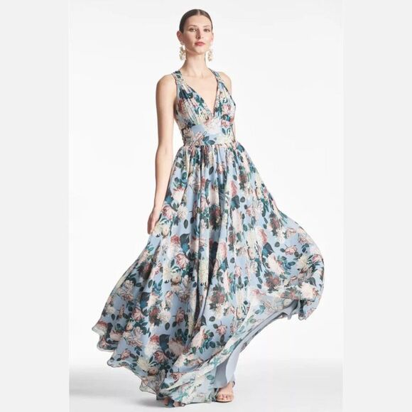 $850 Sachin & Babi Size 6 Kenzia Blue Pink White Floral Chiffon Gown Maxi Dress - Picture 2 of 4